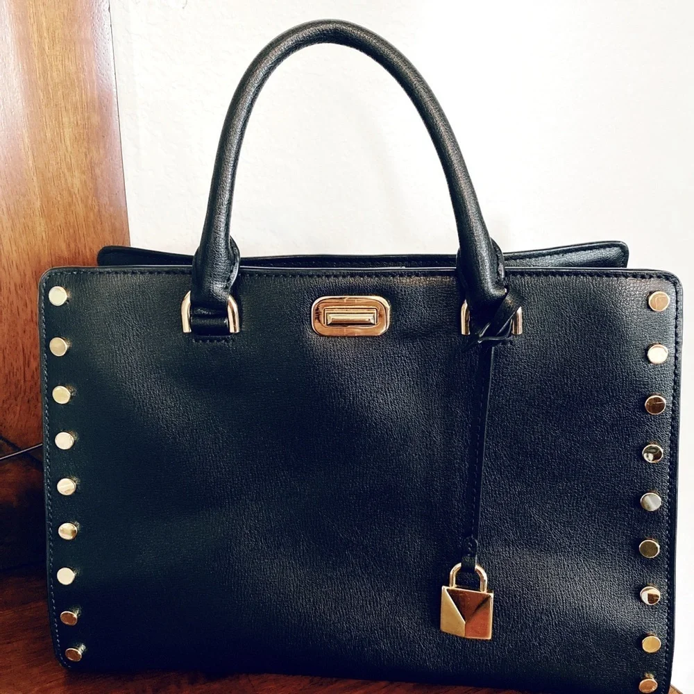 Michael Kors Sylvie Gold Stud Large Satchel Black Leather Bag Turnlock Tote